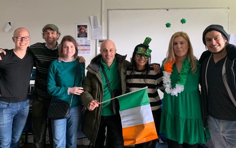 Students and teachers at Your English school in Dublin wearing green to celebrate St. Patrick's Day